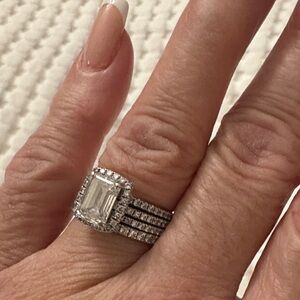 14K WHITE Gold Ring with Genuine diamond bands and Solitaire Lab Created Diamond